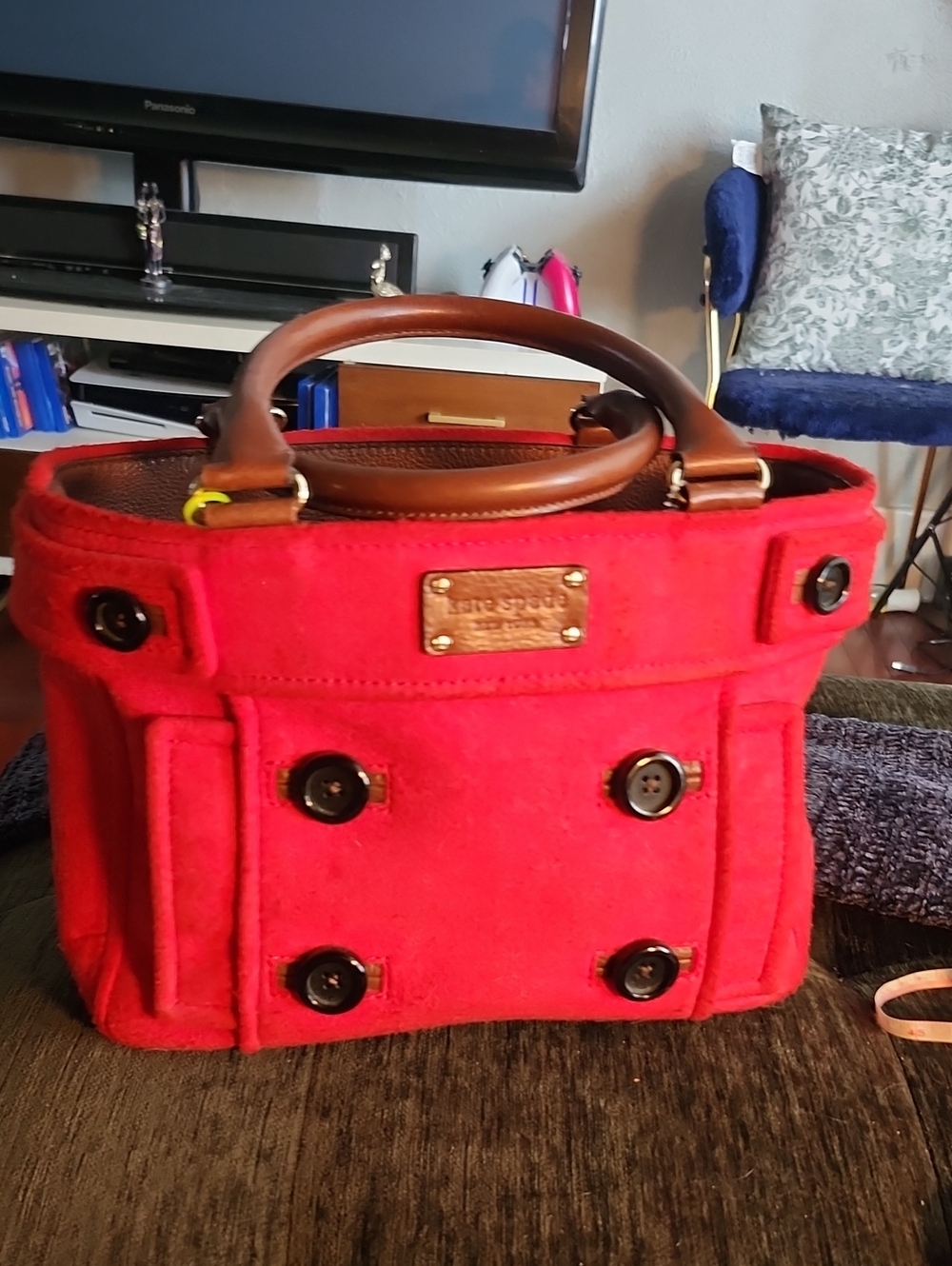 Kate Spade New York Red Wool Handbag  w/Brown Leather Trim & Black Button Accent